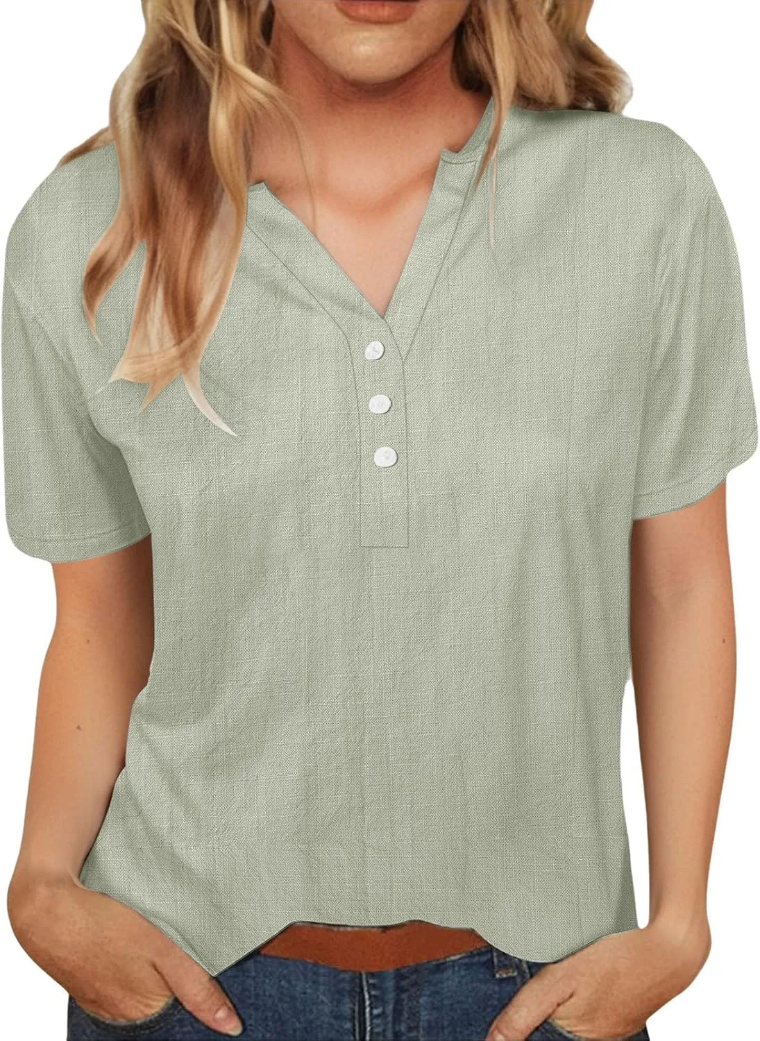 Women's Short Sleeve Shirts Trendy Linen V-Neck Button Down Solid Tops Casual Loose Fit Summer Breathable Blouse 2025