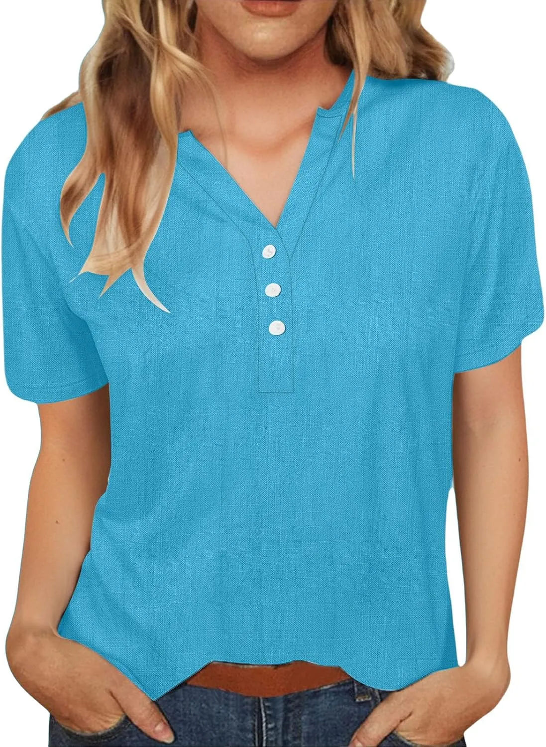 Women's Short Sleeve Shirts Trendy Linen V-Neck Button Down Solid Tops Casual Loose Fit Summer Breathable Blouse 2025