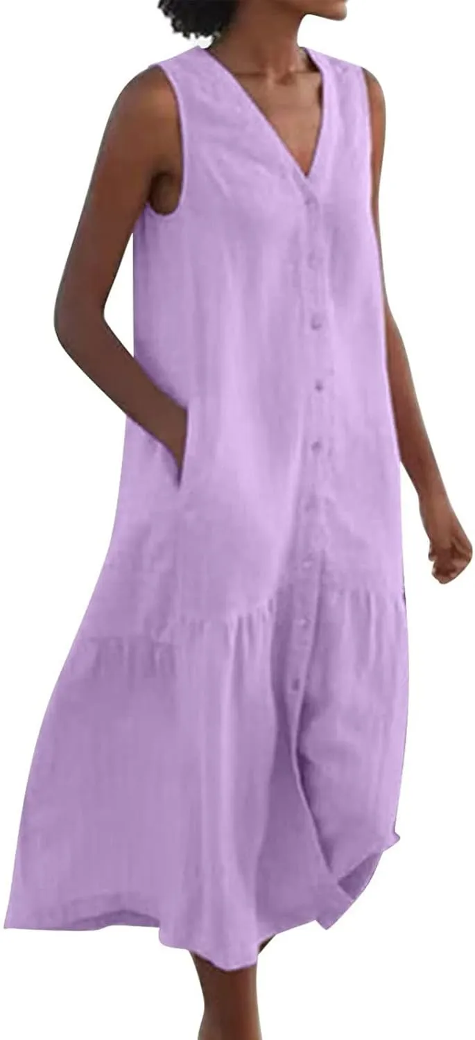 Women's Summer Cotton Linen Long Dress Sleeveless V Neck Button Down Tank Dresses Plus Size Loose Flowy Dress Pockets