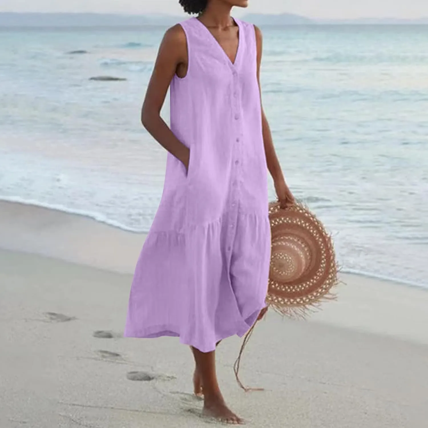 Women's Summer Cotton Linen Long Dress Sleeveless V Neck Button Down Tank Dresses Plus Size Loose Flowy Dress Pockets