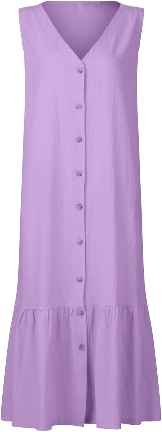 Women's Summer Cotton Linen Long Dress Sleeveless V Neck Button Down Tank Dresses Plus Size Loose Flowy Dress Pockets