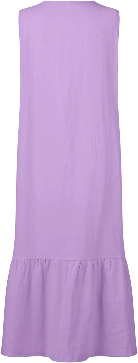 Women's Summer Cotton Linen Long Dress Sleeveless V Neck Button Down Tank Dresses Plus Size Loose Flowy Dress Pockets