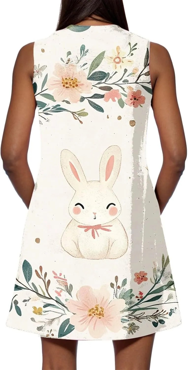 Womens Summer Dresses Sleeveless V Neck Sundress Printed Beach Dress with Pocket Vacation Casual Swimsuit Coverup