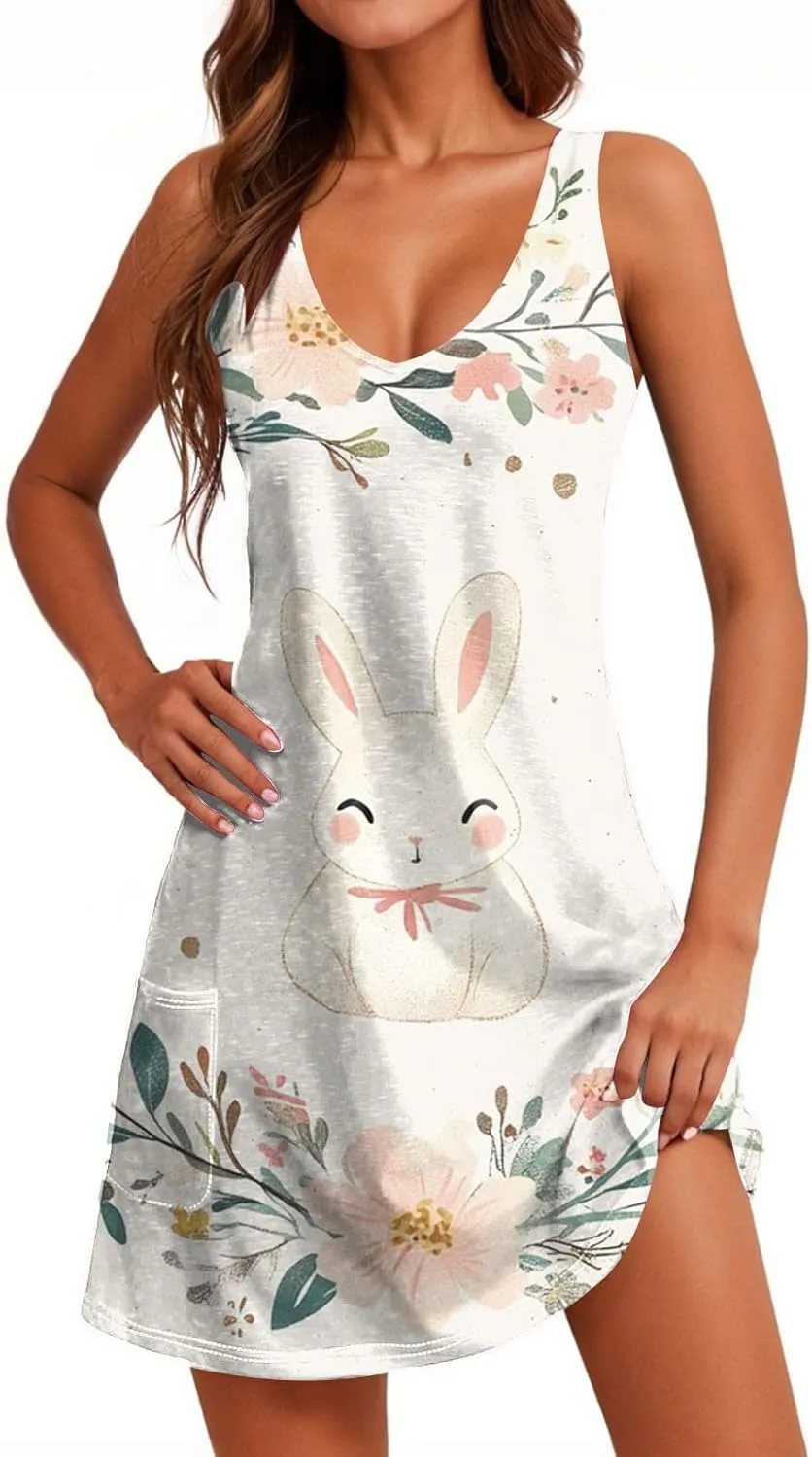 Womens Summer Dresses Sleeveless V Neck Sundress Printed Beach Dress with Pocket Vacation Casual Swimsuit Coverup