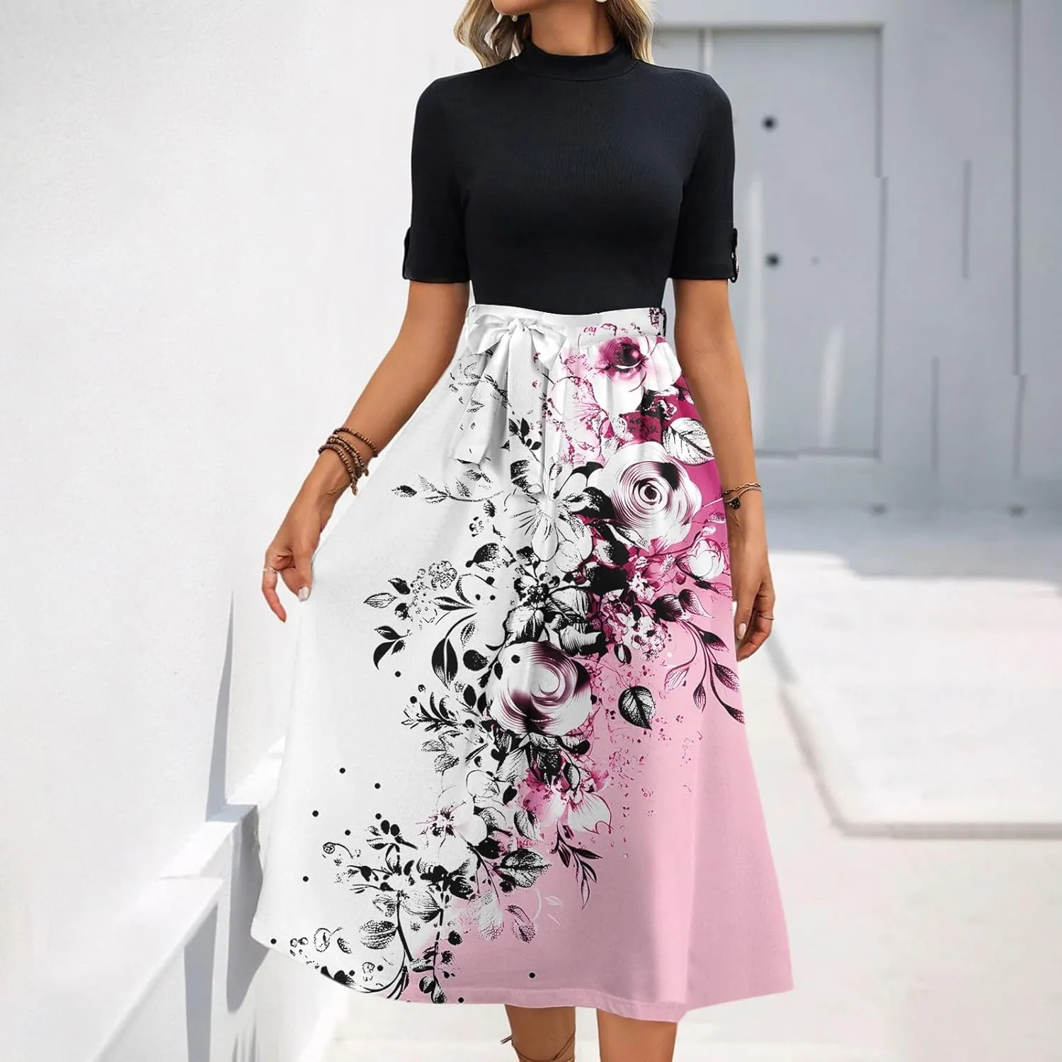 Womens Summer Midi Sundresses with Pockets, High Neck Short Sleeve Patchwork Tie Empire Waist Boho Floral Dress