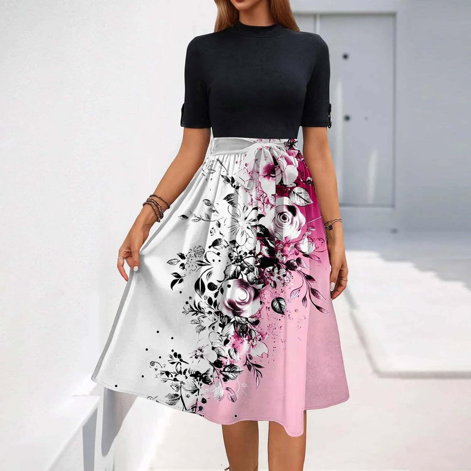 Womens Summer Midi Sundresses with Pockets, High Neck Short Sleeve Patchwork Tie Empire Waist Boho Floral Dress