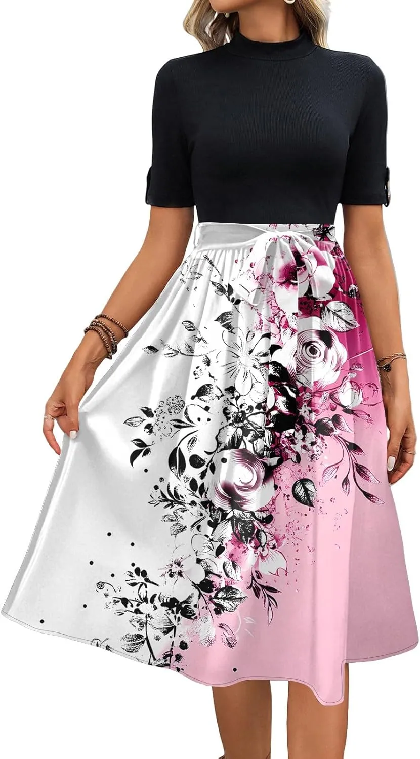 Womens Summer Midi Sundresses with Pockets, High Neck Short Sleeve Patchwork Tie Empire Waist Boho Floral Dress