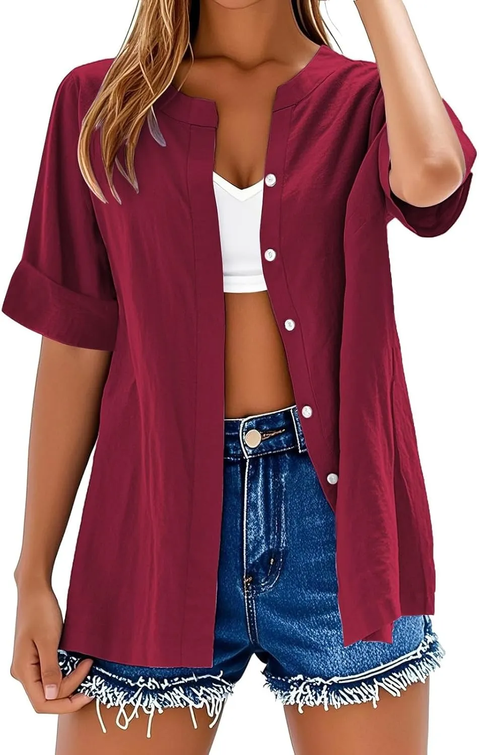 Women's Summer Tops 2025 Trendy Short Sleeve Cotton Linen Shirt Casual Button V Neck Tunic Blouses
