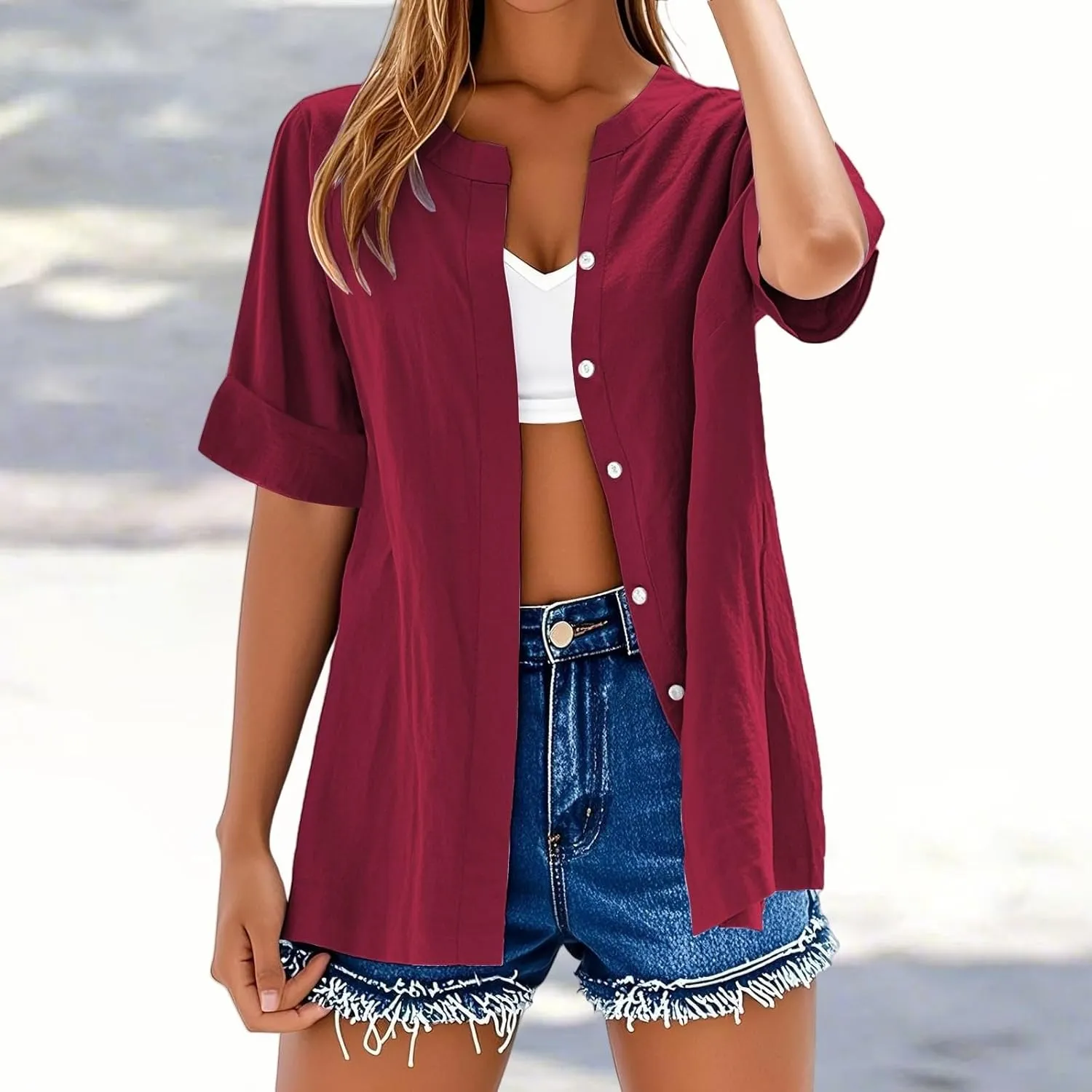 Women's Summer Tops 2025 Trendy Short Sleeve Cotton Linen Shirt Casual Button V Neck Tunic Blouses