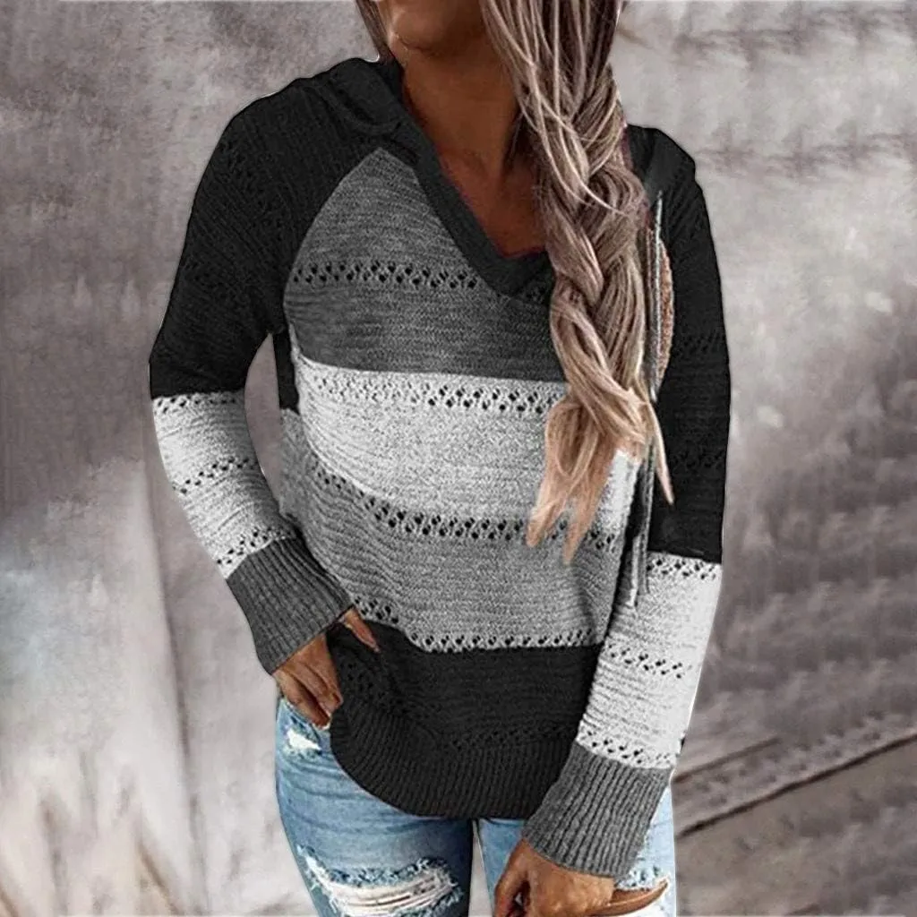 Womens Sweaters Sleeves Hooded Patchwork Casual Blouse Tops Fashion Women Long Women's Blouse Dressy Sweater Men