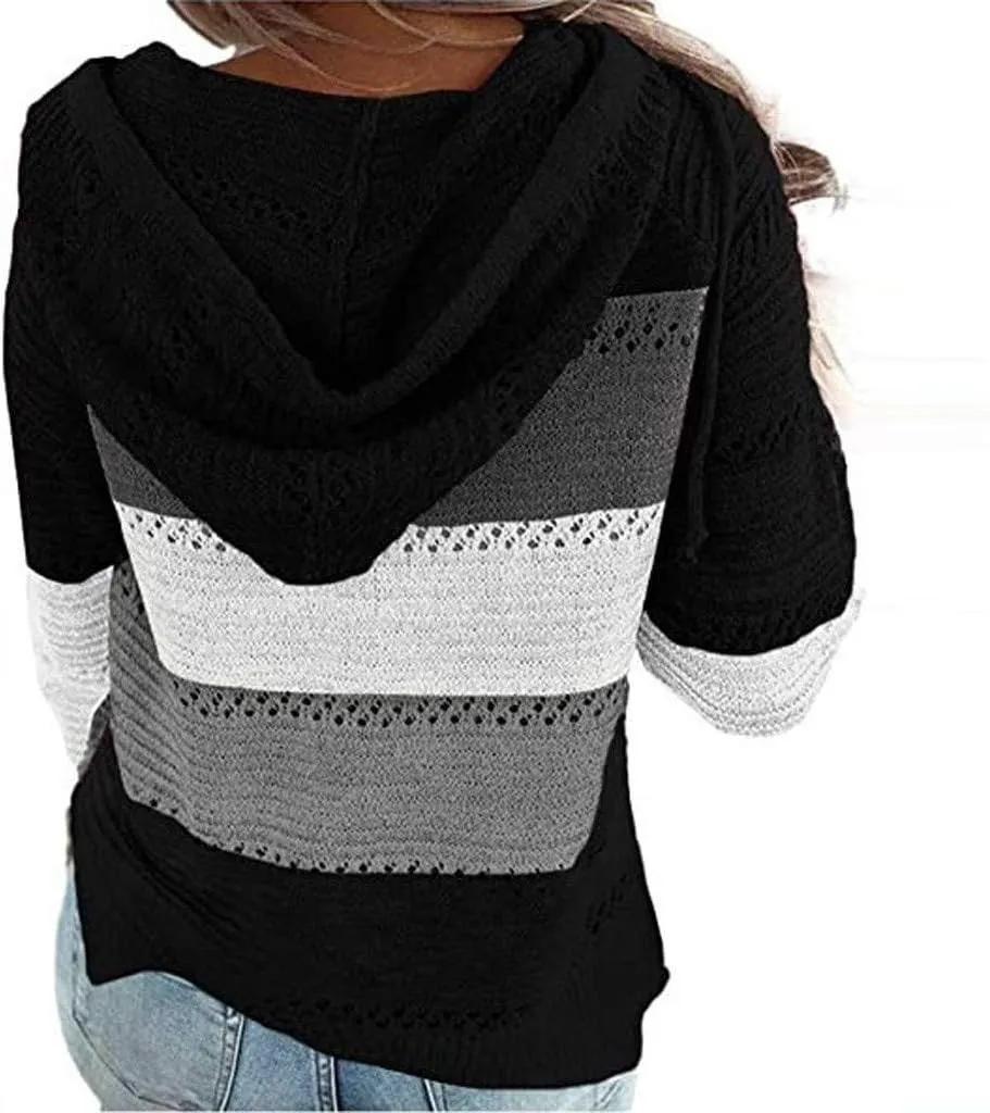 Womens Sweaters Sleeves Hooded Patchwork Casual Blouse Tops Fashion Women Long Women's Blouse Dressy Sweater Men