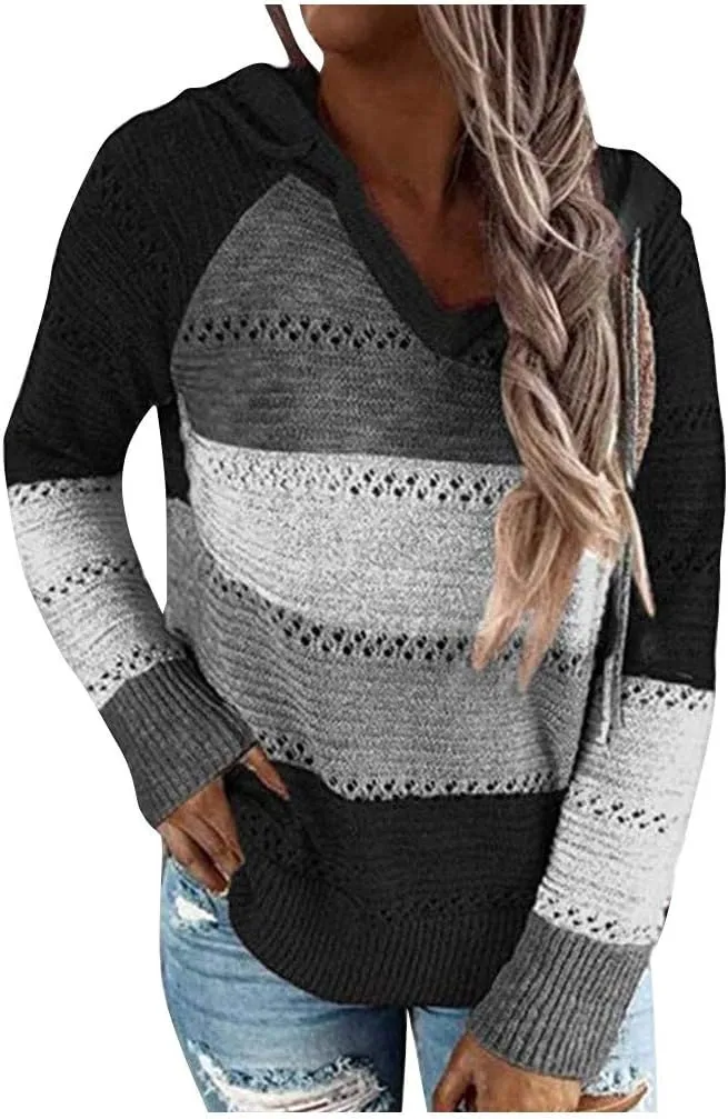 Womens Sweaters Sleeves Hooded Patchwork Casual Blouse Tops Fashion Women Long Women's Blouse Dressy Sweater Men