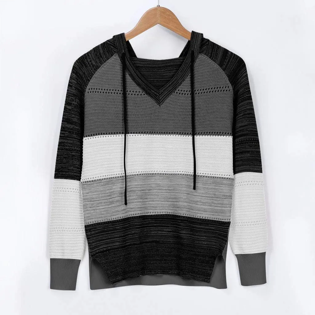 Womens Sweaters Sleeves Hooded Patchwork Casual Blouse Tops Fashion Women Long Women's Blouse Dressy Sweater Men