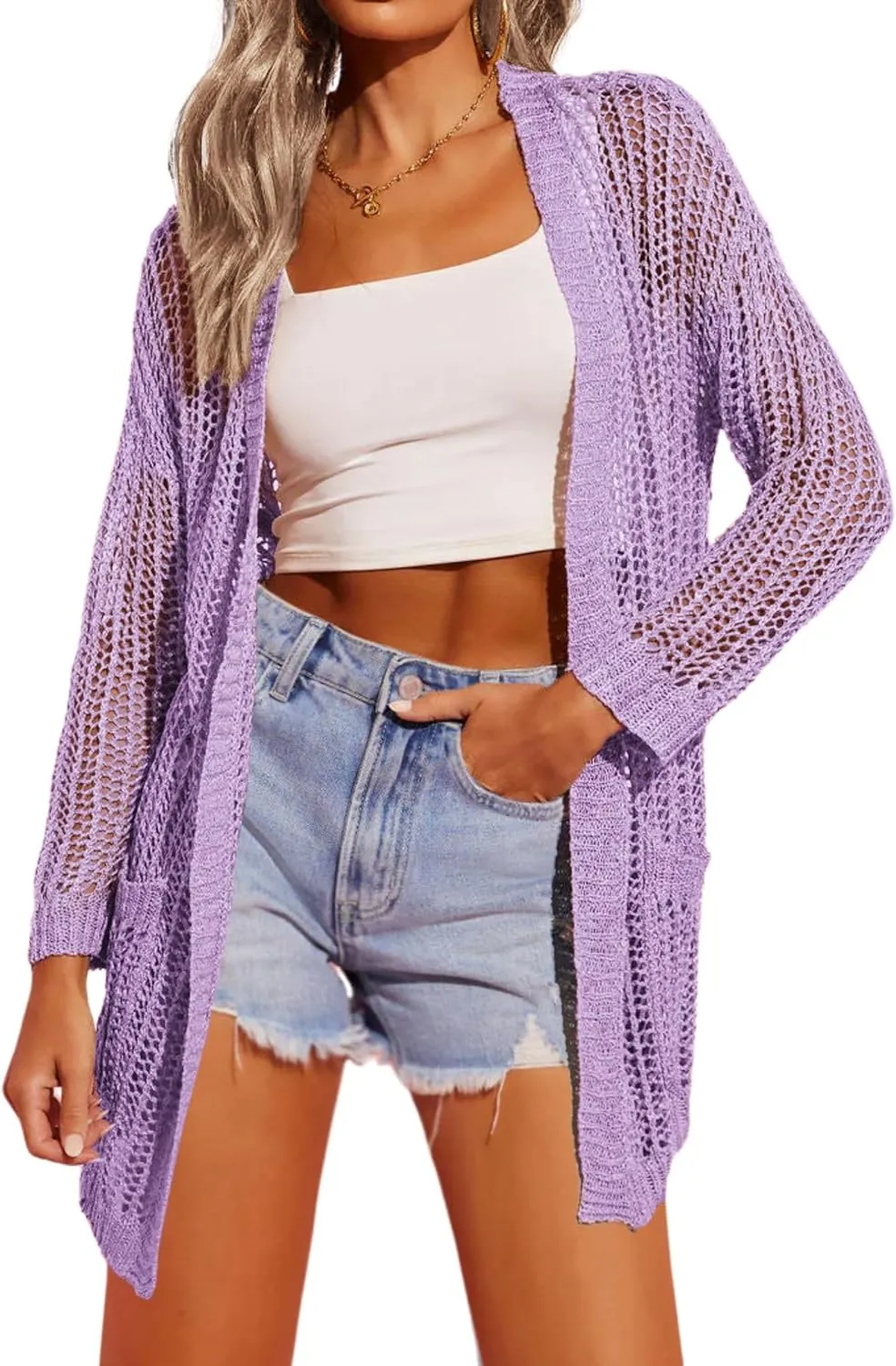 Zeagoo Women 2024 Lightweight Crochet Cardigan Long Sleeve Open Front Knit Sweater Summer Kimono Cover Up with Pockets