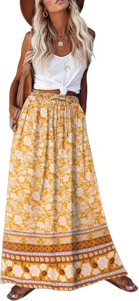 Zeagoo Women's 2024 Boho Floral Skirt Casual Elastic High Waist Maxi Skirts Flowy A Line Beach Long Skirt with Side Pockets