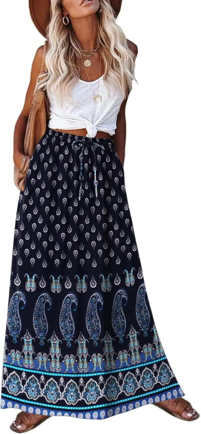 Zeagoo Women's 2024 Boho Floral Skirt Casual Elastic High Waist Maxi Skirts Flowy A Line Beach Long Skirt with Side Pockets