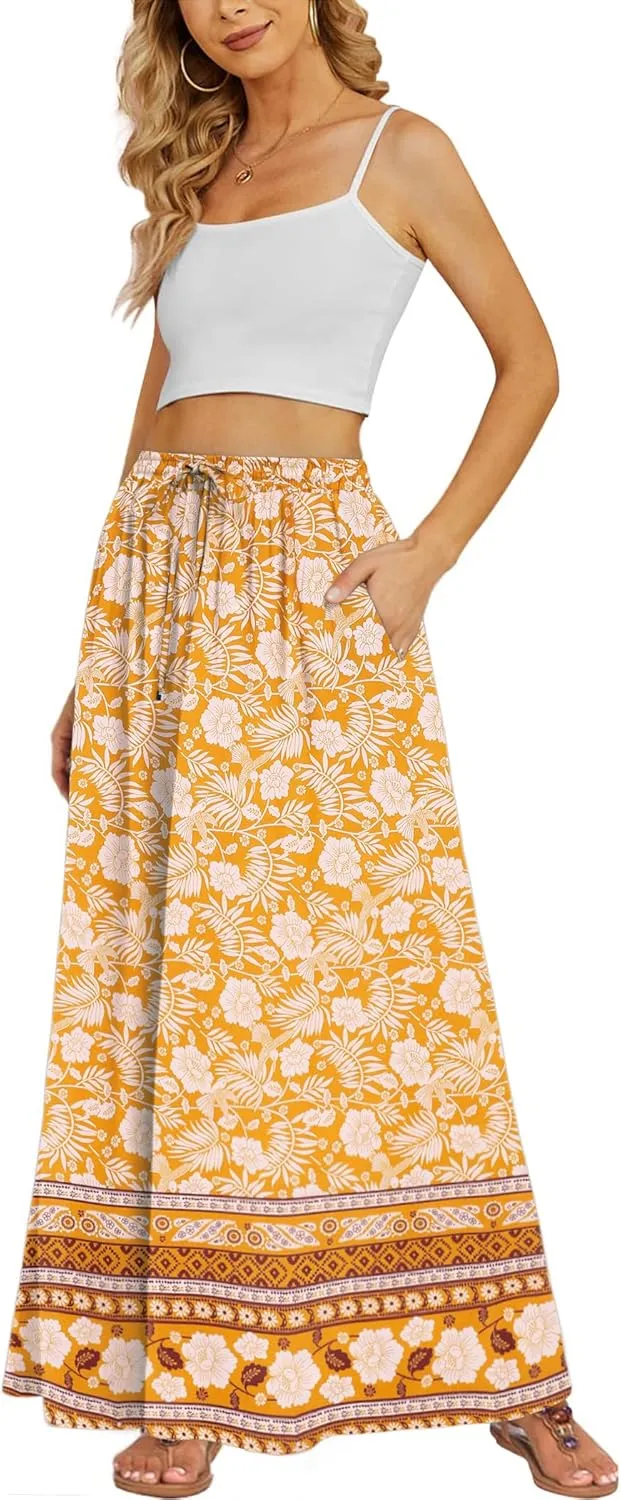 Zeagoo Women's 2024 Boho Floral Skirt Casual Elastic High Waist Maxi Skirts Flowy A Line Beach Long Skirt with Side Pockets