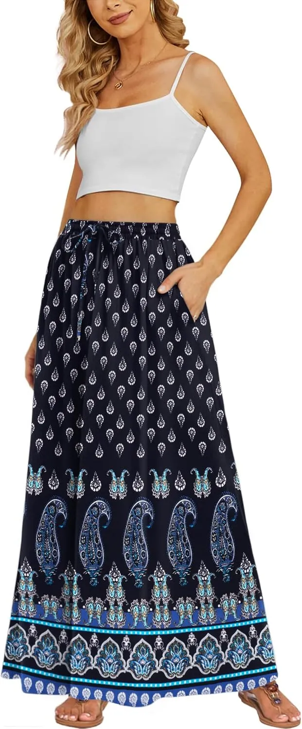 Zeagoo Women's 2024 Boho Floral Skirt Casual Elastic High Waist Maxi Skirts Flowy A Line Beach Long Skirt with Side Pockets