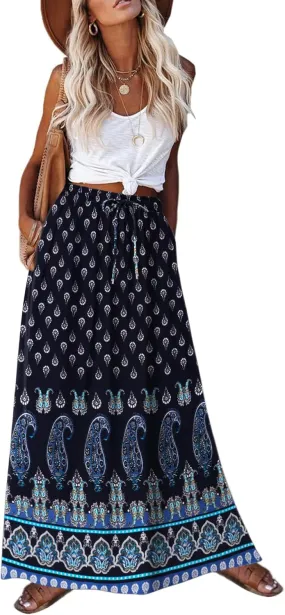 Zeagoo Women's 2024 Boho Floral Skirt Casual Elastic High Waist Maxi Skirts Flowy A Line Beach Long Skirt with Side Pockets