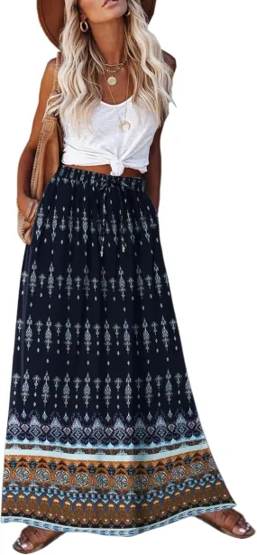 Zeagoo Women's 2025 Boho Floral Skirt Casual Elastic High Waist Maxi Skirts Flowy A Line Beach Long Skirt with Side Pockets