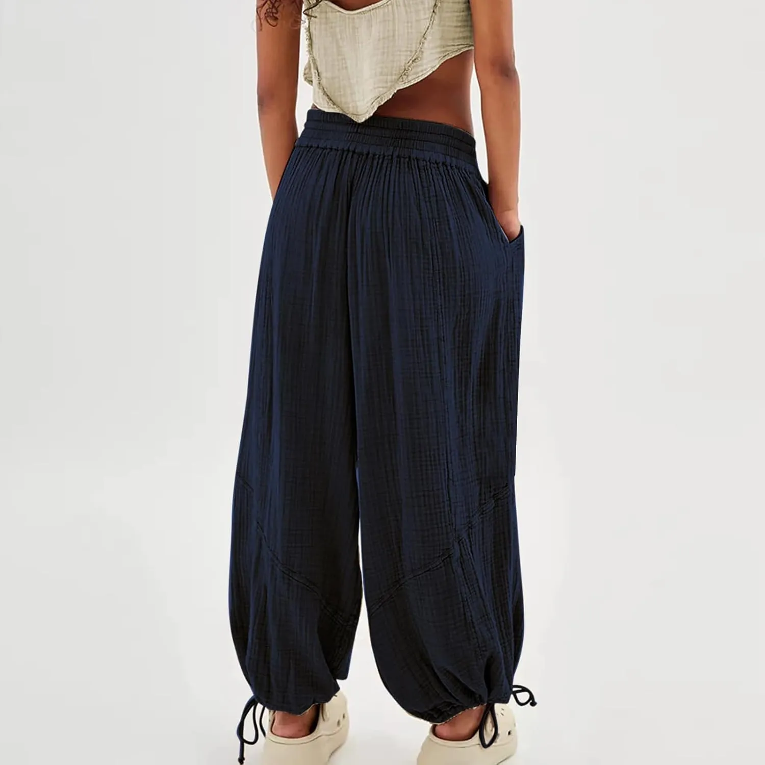 ZOCANIA Boho Pants for Womens Cotton Linen Ruffle Wide Leg Palazzo Pants Casual Lounge Trousers Summer Beach Baggy Joggers