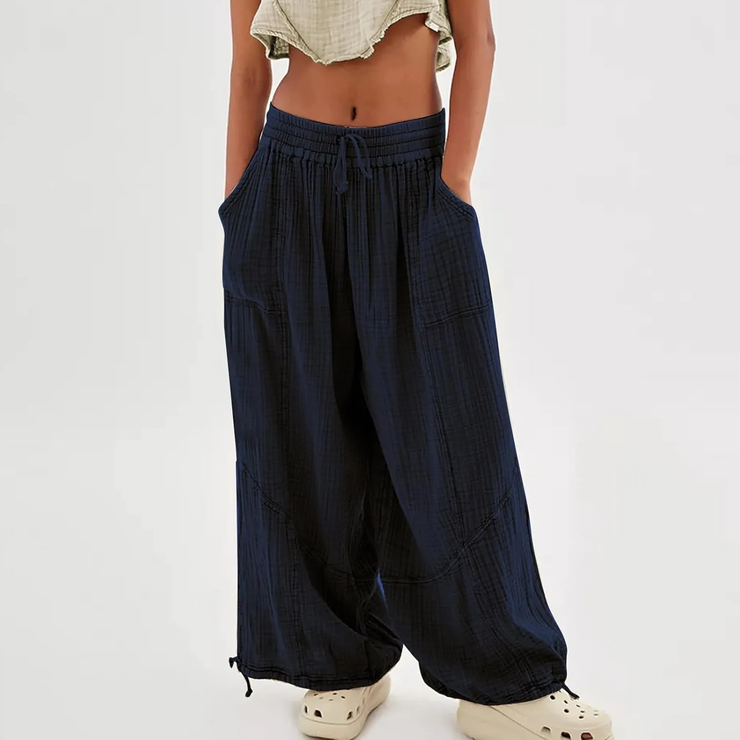 ZOCANIA Boho Pants for Womens Cotton Linen Ruffle Wide Leg Palazzo Pants Casual Lounge Trousers Summer Beach Baggy Joggers