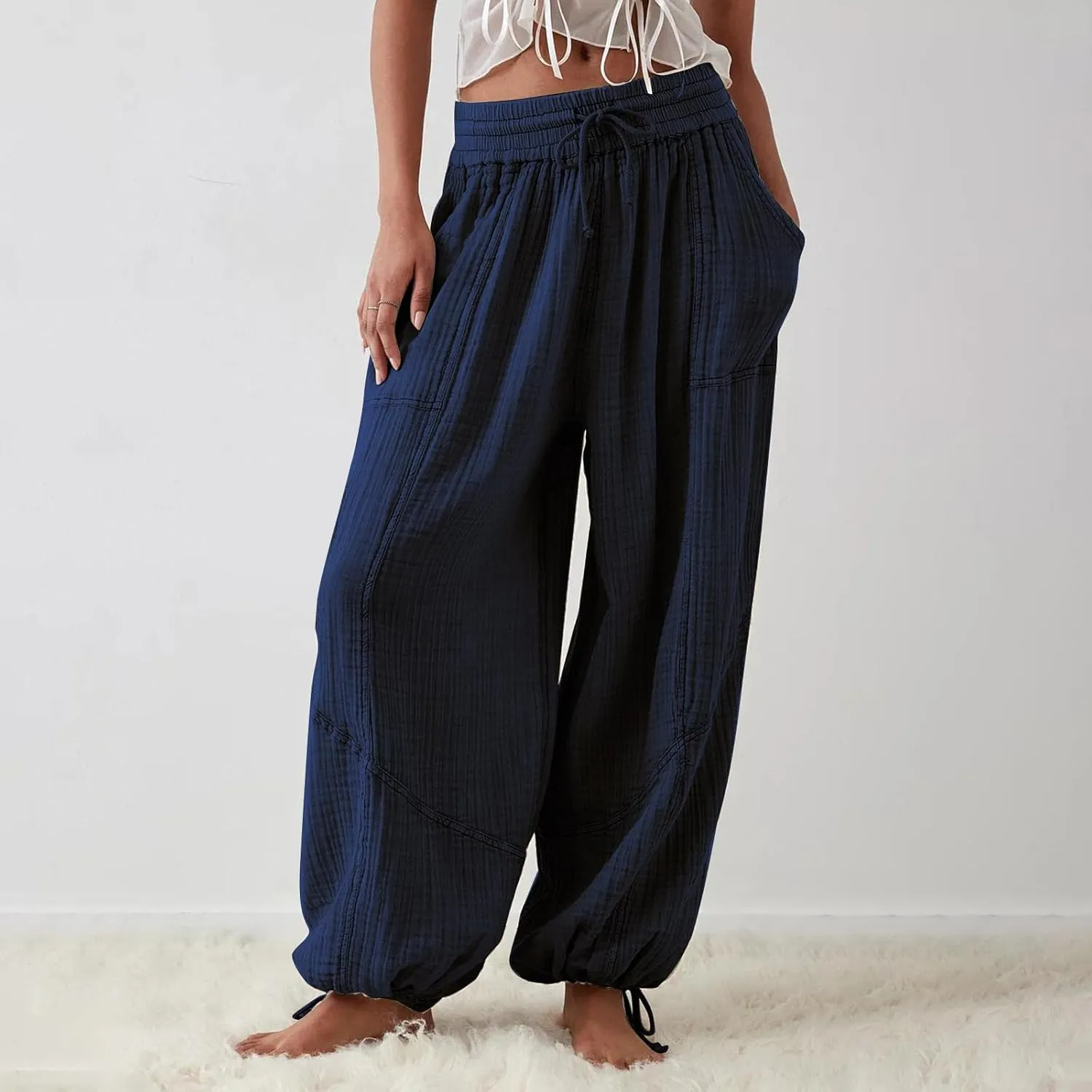 ZOCANIA Boho Pants for Womens Cotton Linen Ruffle Wide Leg Palazzo Pants Casual Lounge Trousers Summer Beach Baggy Joggers