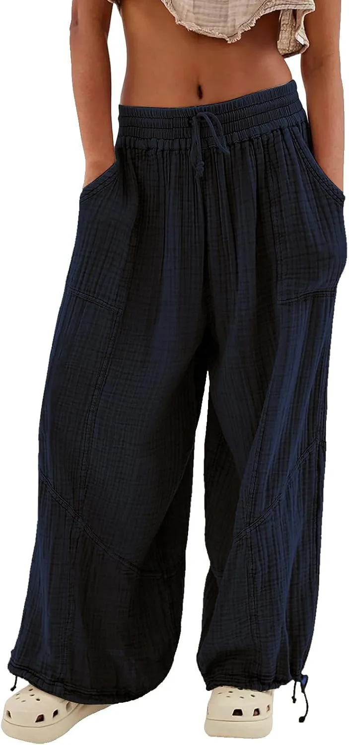 ZOCANIA Boho Pants for Womens Cotton Linen Ruffle Wide Leg Palazzo Pants Casual Lounge Trousers Summer Beach Baggy Joggers