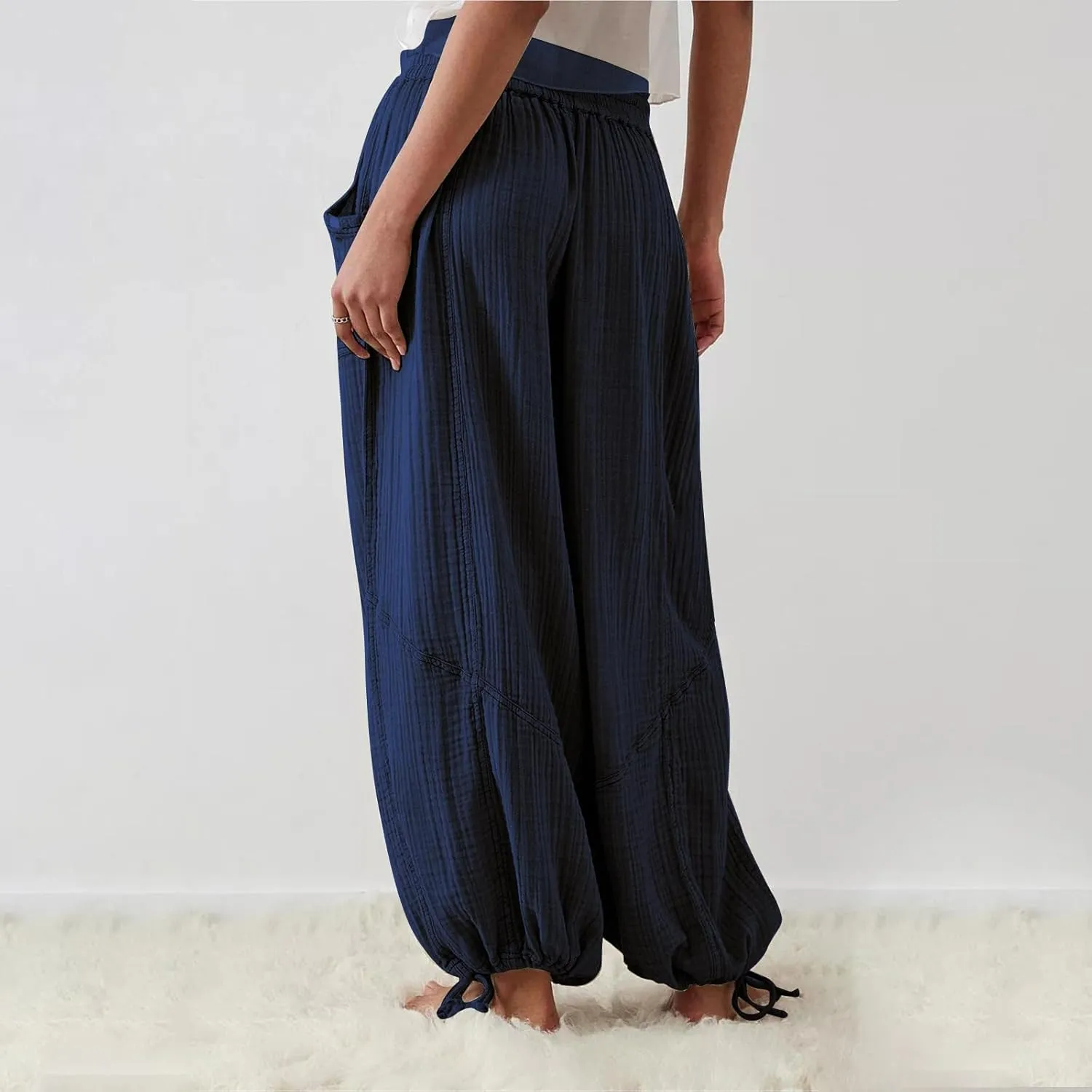 ZOCANIA Boho Pants for Womens Cotton Linen Ruffle Wide Leg Palazzo Pants Casual Lounge Trousers Summer Beach Baggy Joggers