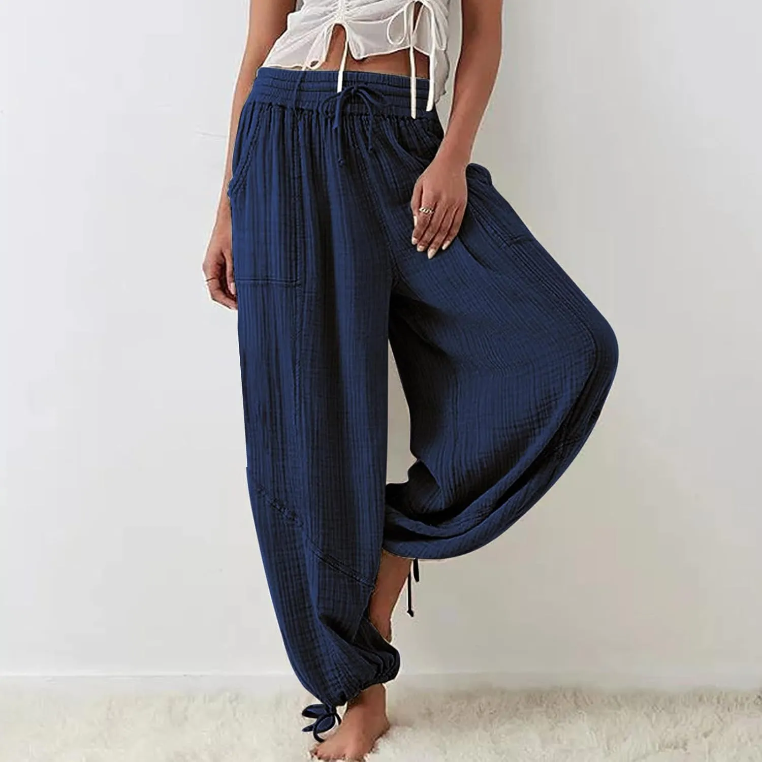 ZOCANIA Boho Pants for Womens Cotton Linen Ruffle Wide Leg Palazzo Pants Casual Lounge Trousers Summer Beach Baggy Joggers